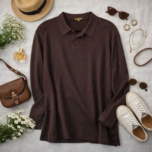 NWT TASSO ELBA Brown Silk Cotton L Sleeve 1/4 Button Polo Shirt. Mens XXL